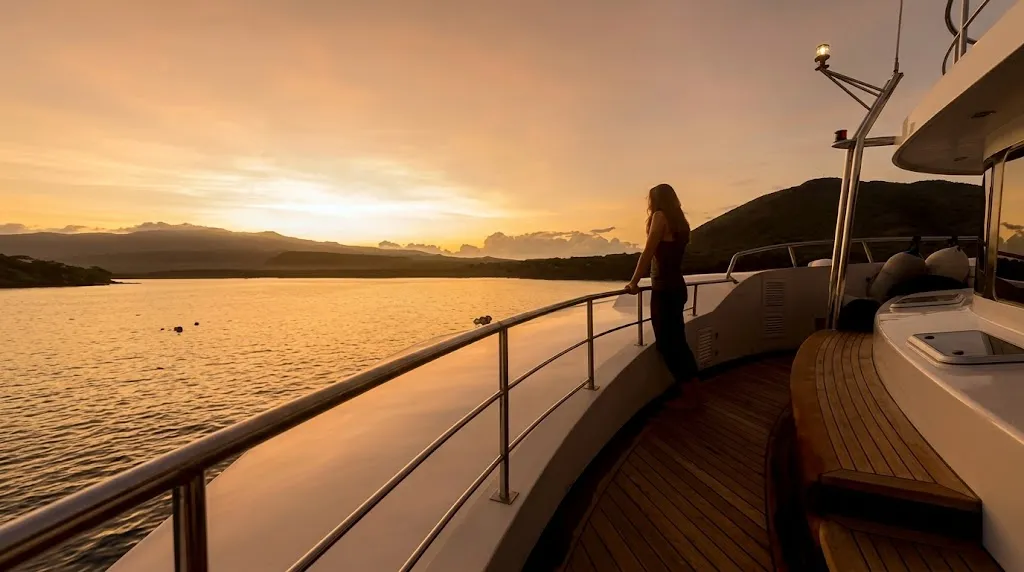 Woman standing at the railing of a yacht watching a sunset over calm water