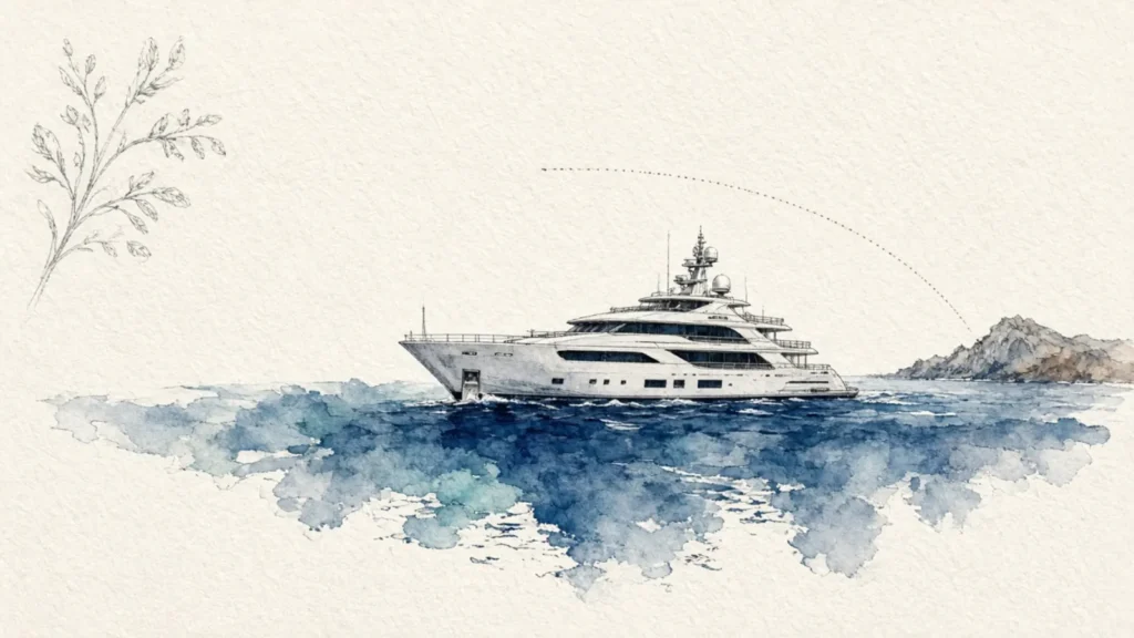 Hand-drawn naturalist sketch of Aqua Mare Galapagos private superyacht with soft ocean blue wash