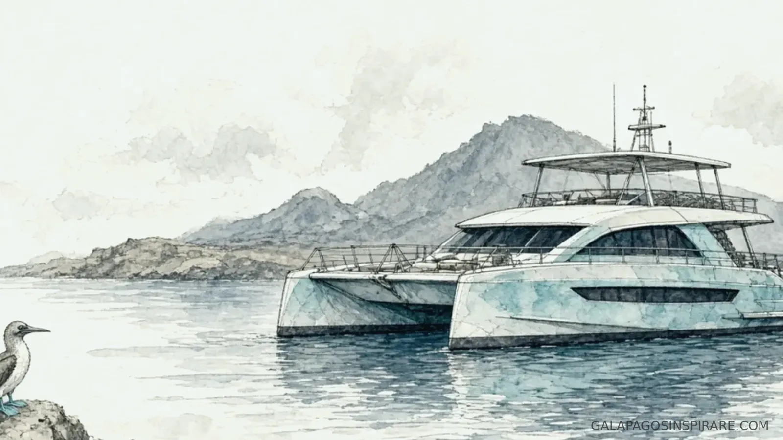 Naturalist sketch of aqua mare galapagos superyacht wildlife scene with seabird near volcanic islands at midday