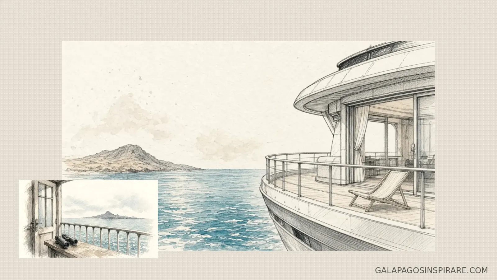 Naturalist sketch of archipel galapagos catamaran deck and island silhouette