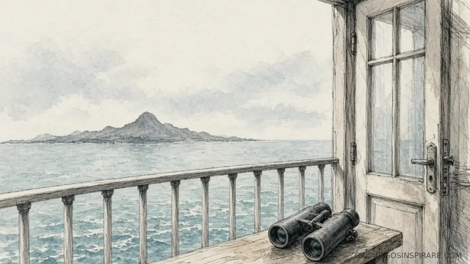 Naturalist sketch of bonita galapagos yacht binoculars on deck overlooking volcanic islands