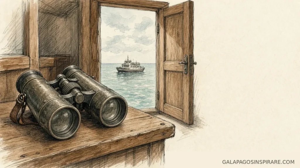 Naturalist sketch of binoculars looking out to Coral II Galapagos small ship on the horizon