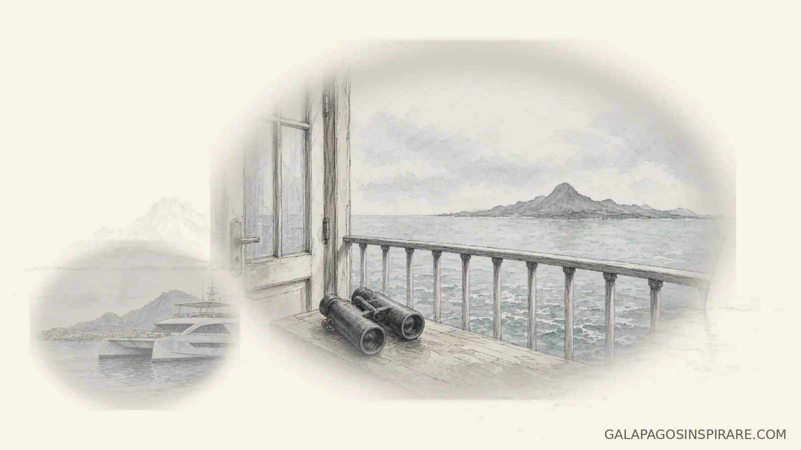 Naturalist sketch of coral ii galapagos small ship deck and island view