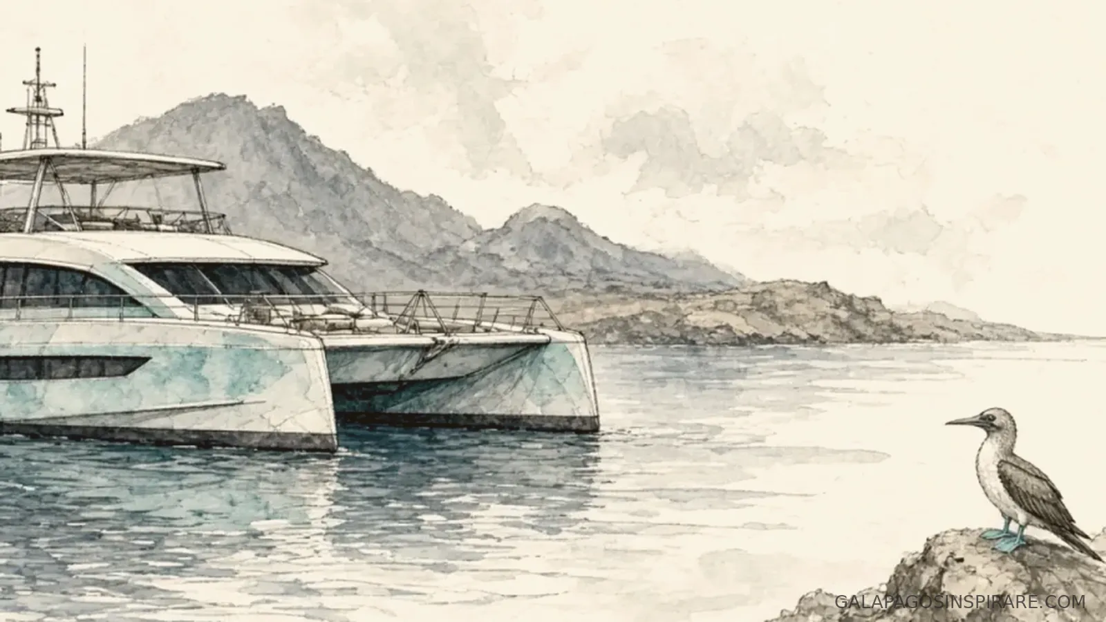 Naturalist sketch of ecogalaxy galapagos catamaran wildlife seabird scene in golden late afternoon light