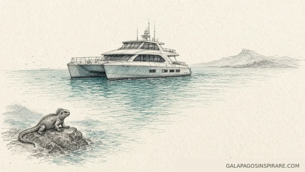 Hand-drawn naturalist sketch of Elite Galapagos catamaran with marine iguana detail on ivory paper