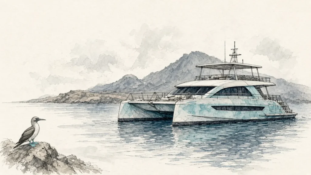 Hand-drawn naturalist sketch of Endemic Galapagos catamaran with blue-footed booby detail on ivory paper
