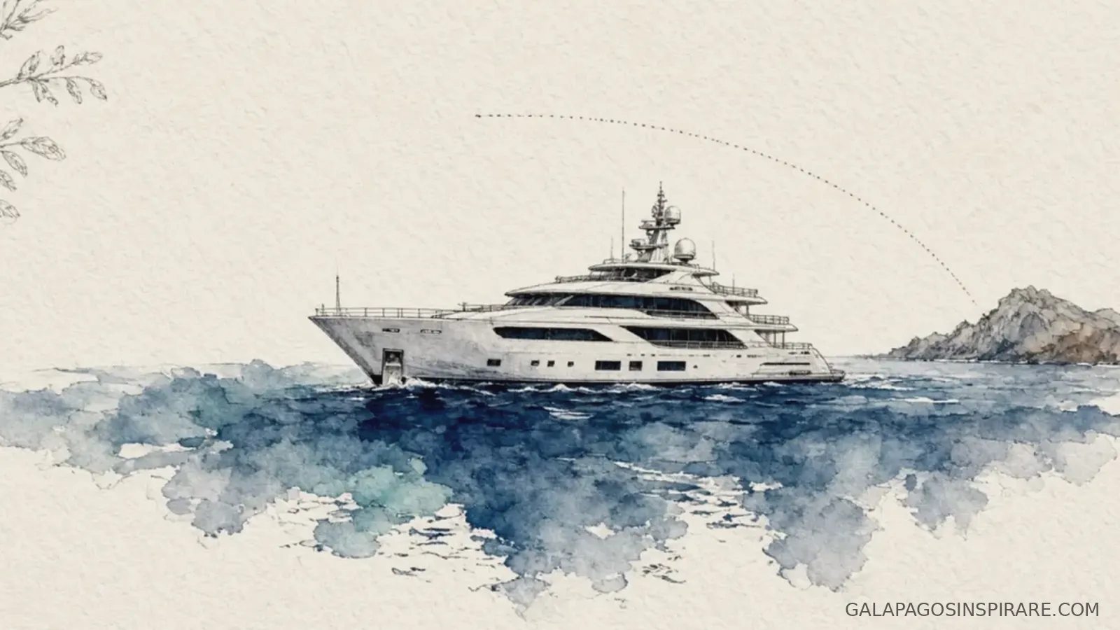 Naturalist sketch of evolution galapagos yacht expedition route at cool volcanic twilight
