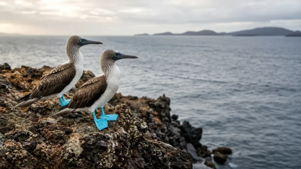 Two blue-footed boobies with bright blue feet perched on dark volcanic rock overlooking the Galápagos ocean
