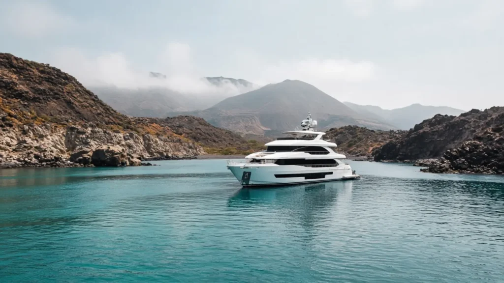 White luxury expedition yacht anchored in a turquoise Galápagos bay surrounded by volcanic hills