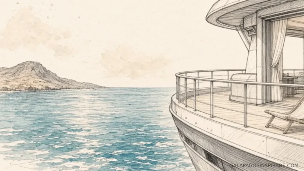galapagos 8 day cruise balcony view naturalist sketch soft coral-rose golden hour