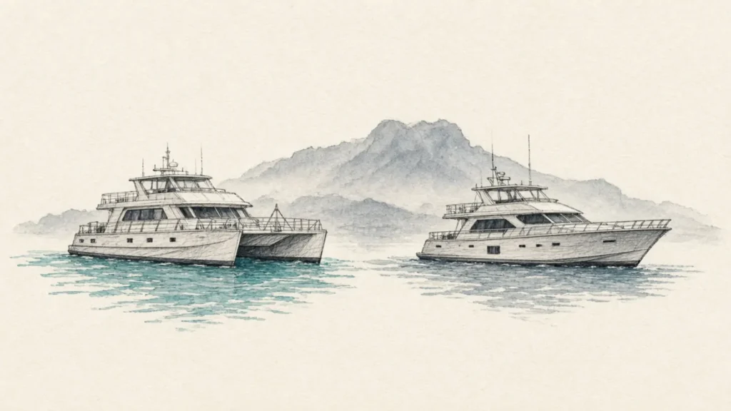 Hand-drawn naturalist sketch comparing a Galapagos catamaran vs yacht on warm ivory paper