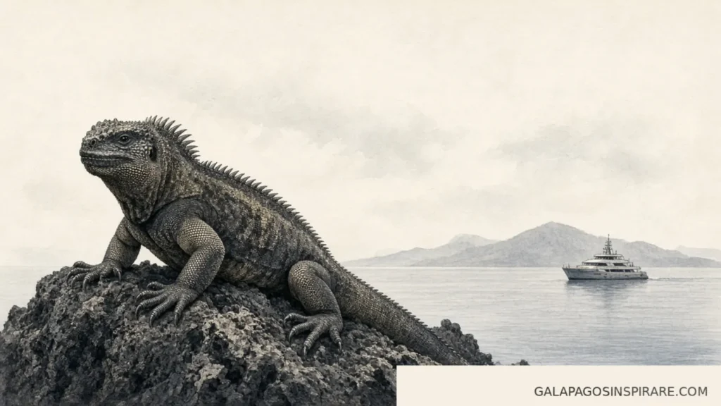 Naturalist sketch of a marine iguana with Galapagos Explorer Yacht small on the horizon