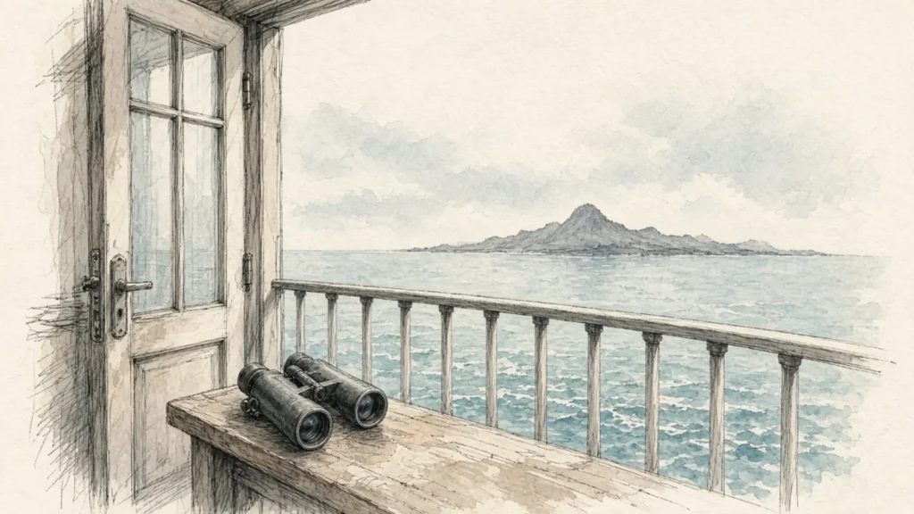 Hand-drawn naturalist sketch of a Galapagos yacht balcony cabin view with binoculars on ivory paper