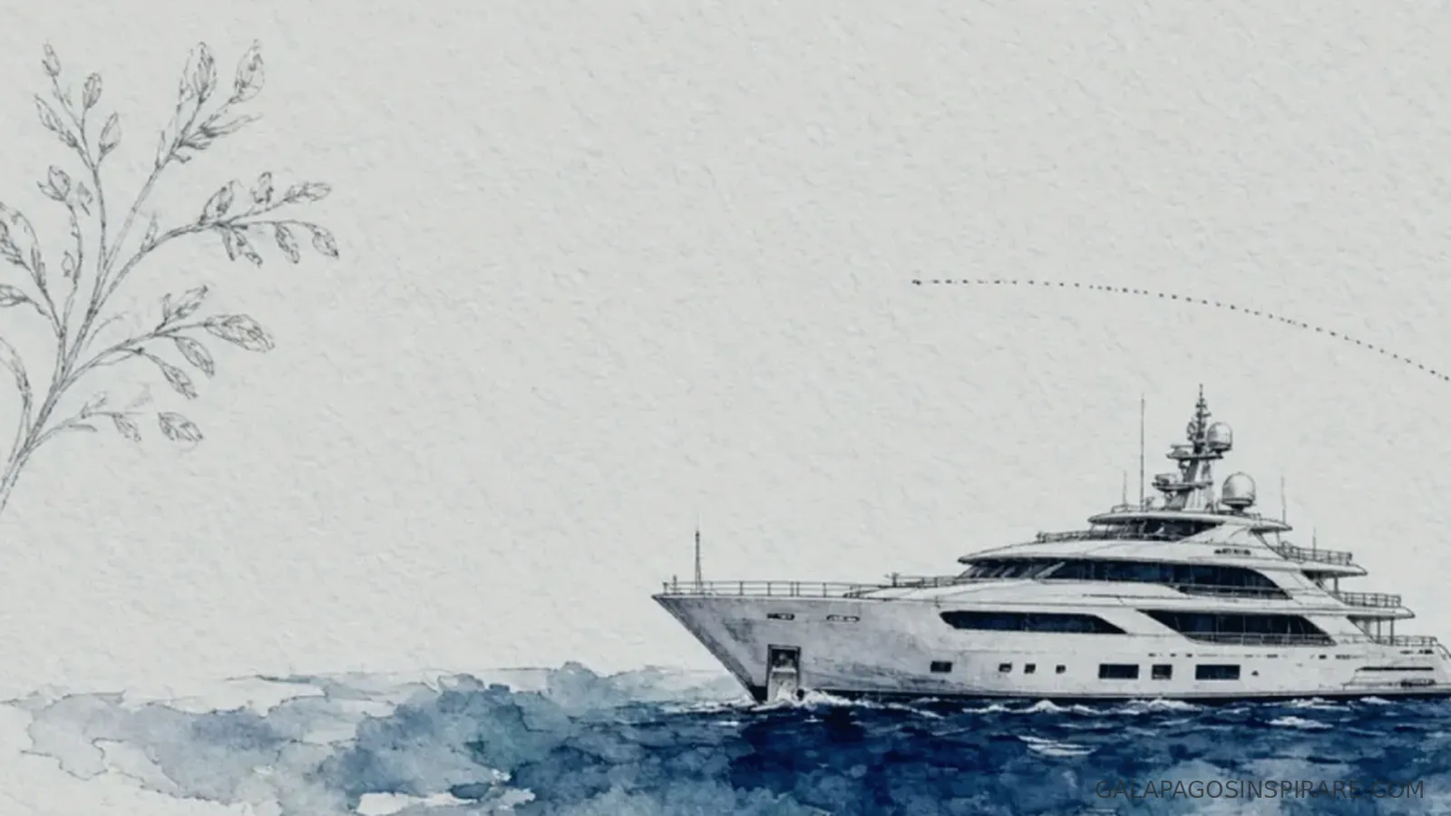 Naturalist sketch of galaxy galapagos cruise expedition route at deep ocean-blue late afternoon