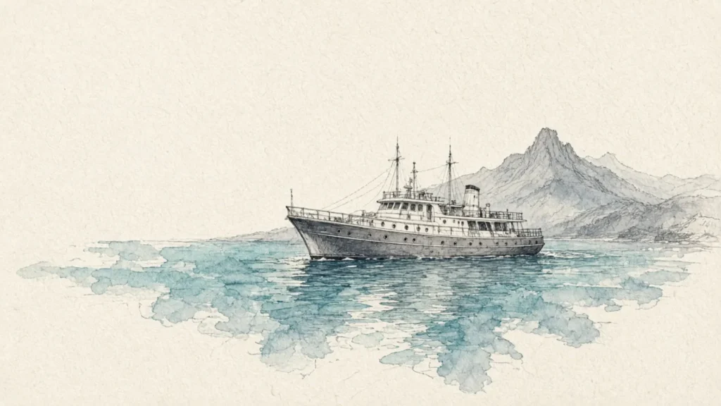 Hand-drawn naturalist sketch of Grace Galapagos yacht with soft island silhouette on ivory paper