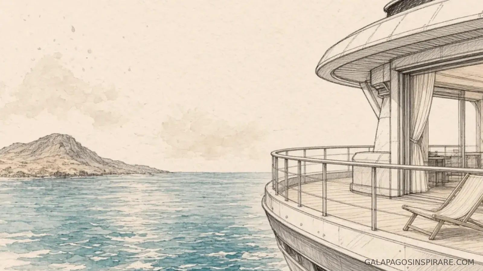 Naturalist sketch of grand daphne galapagos balcony feel at warm coral-amber sunset