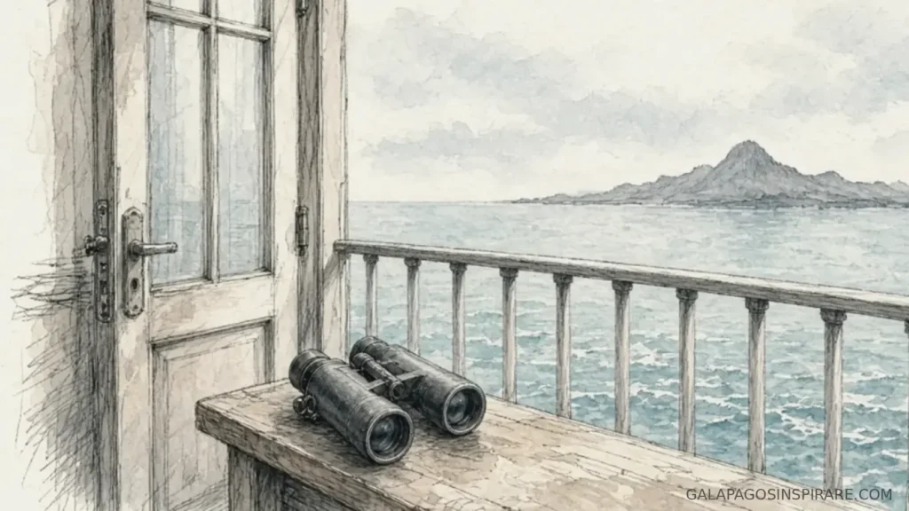 grand daphne galapagos deck watch binoculars naturalist sketch soft gray-blue dawn