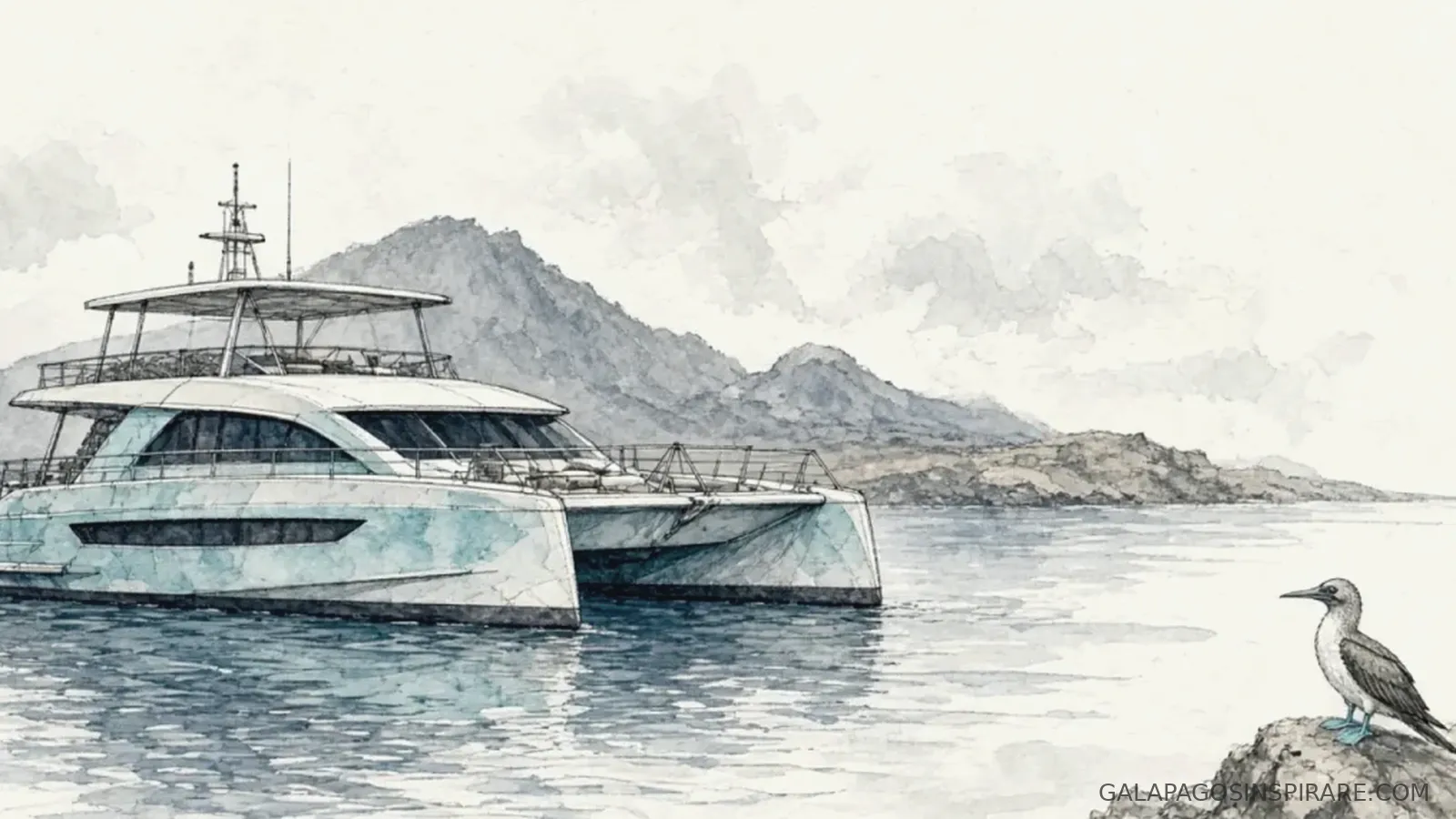 Naturalist sketch of grand majestic galapagos yacht near seabird and island silhouette at cool dawn