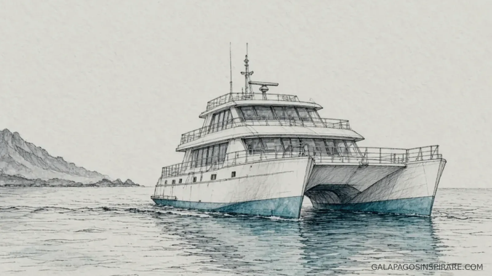 Naturalist sketch of grand queen beatriz galapagos yacht near a volcanic island silhouette
