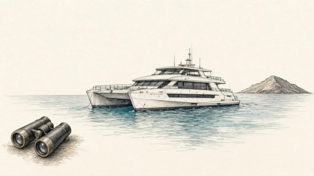 Hand-drawn naturalist sketch of Hermes Galapagos catamaran with binoculars detail on warm ivory paper