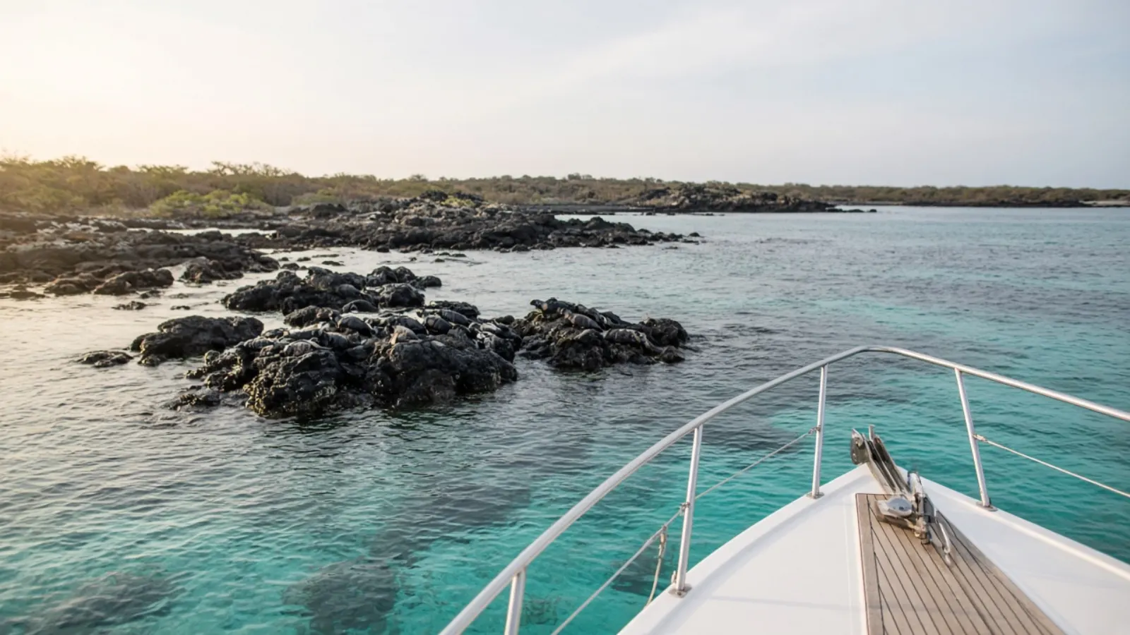 hermes galapagos catamaran twin-hull decks overlooking turquoise water near volcanic islands