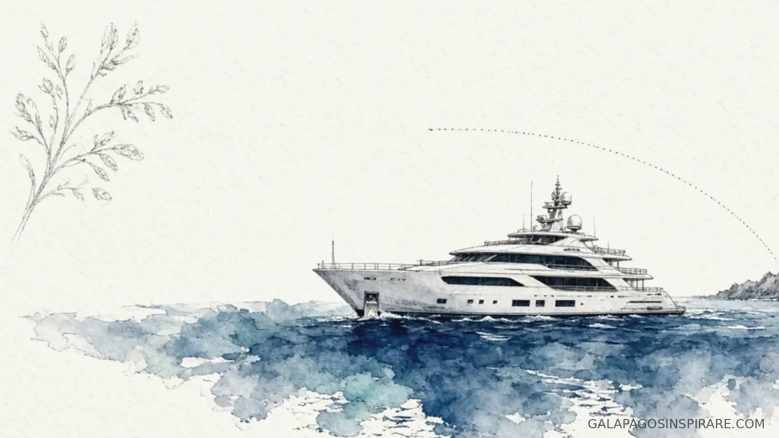 Naturalist sketch of horizon galapagos trimaran route map toward volcanic islands in cool morning light