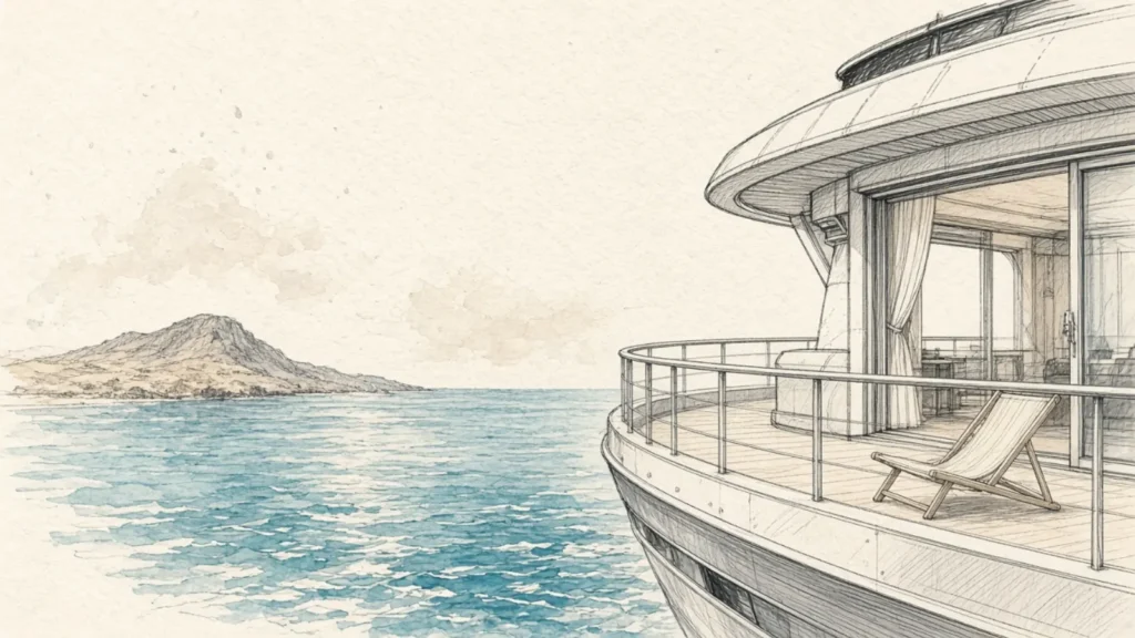 Hand-drawn naturalist sketch of Infinity Yacht Galapagos balcony suite overlooking turquoise water