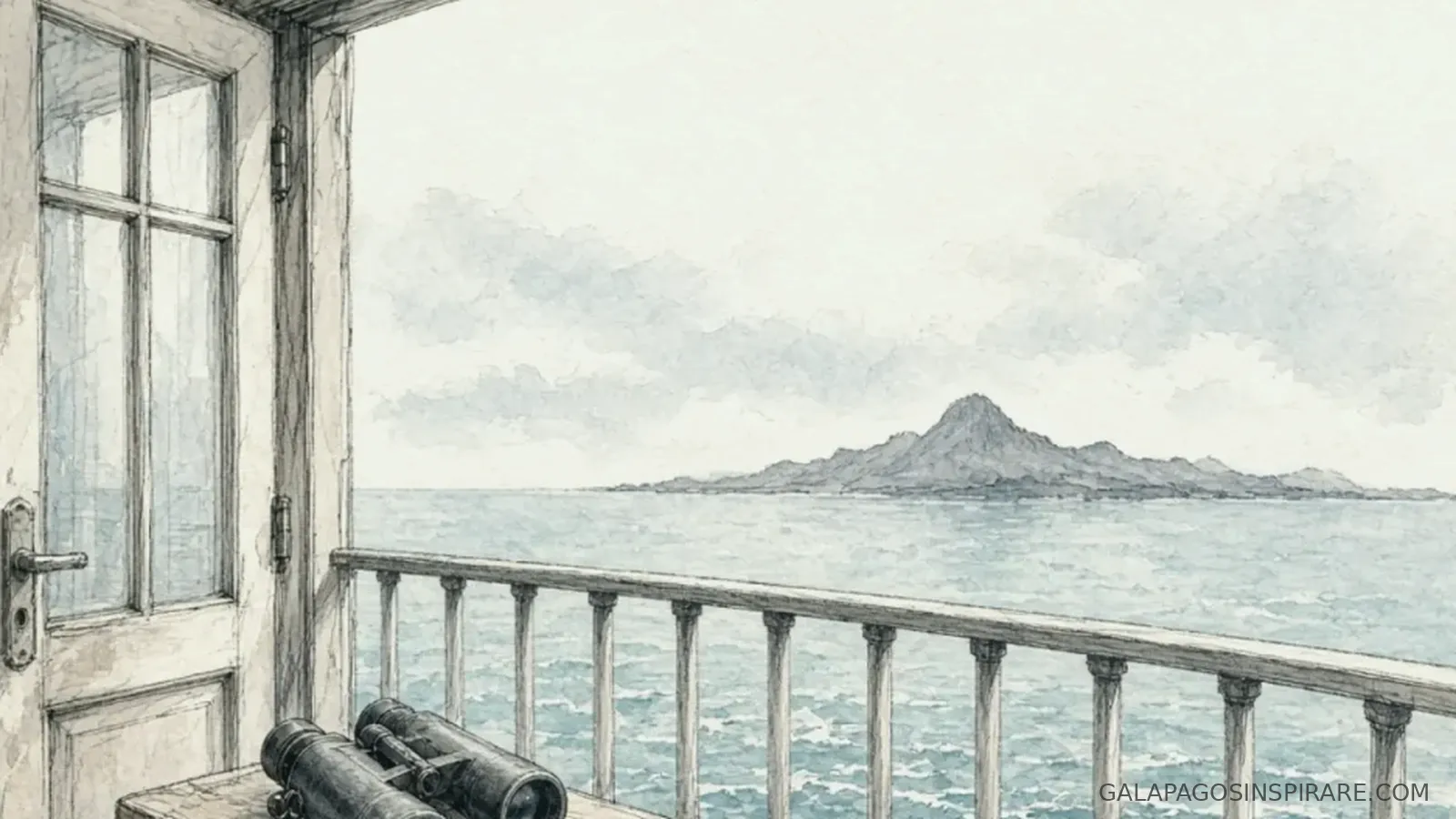 Naturalist sketch of integrity galapagos yacht binoculars view toward volcanic islands at midday
