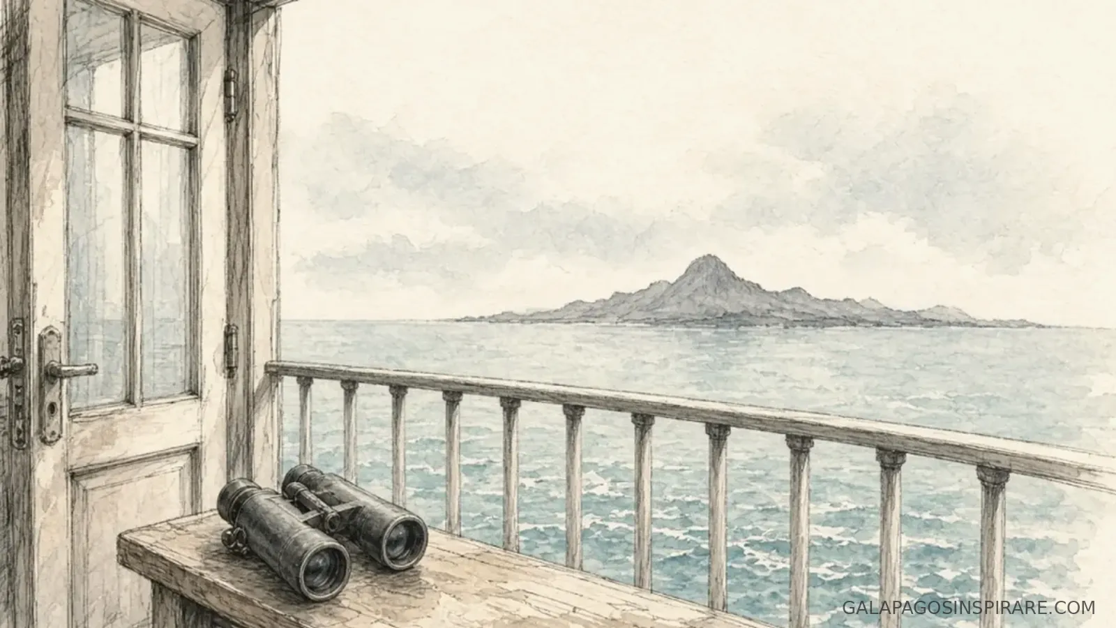 Naturalist sketch of isabela ii galapagos deck watch binoculars in soft sandy afternoon light