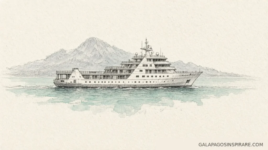 Hand-drawn naturalist sketch of La Pinta Galapagos expedition ship on warm ivory paper with soft turquoise wash