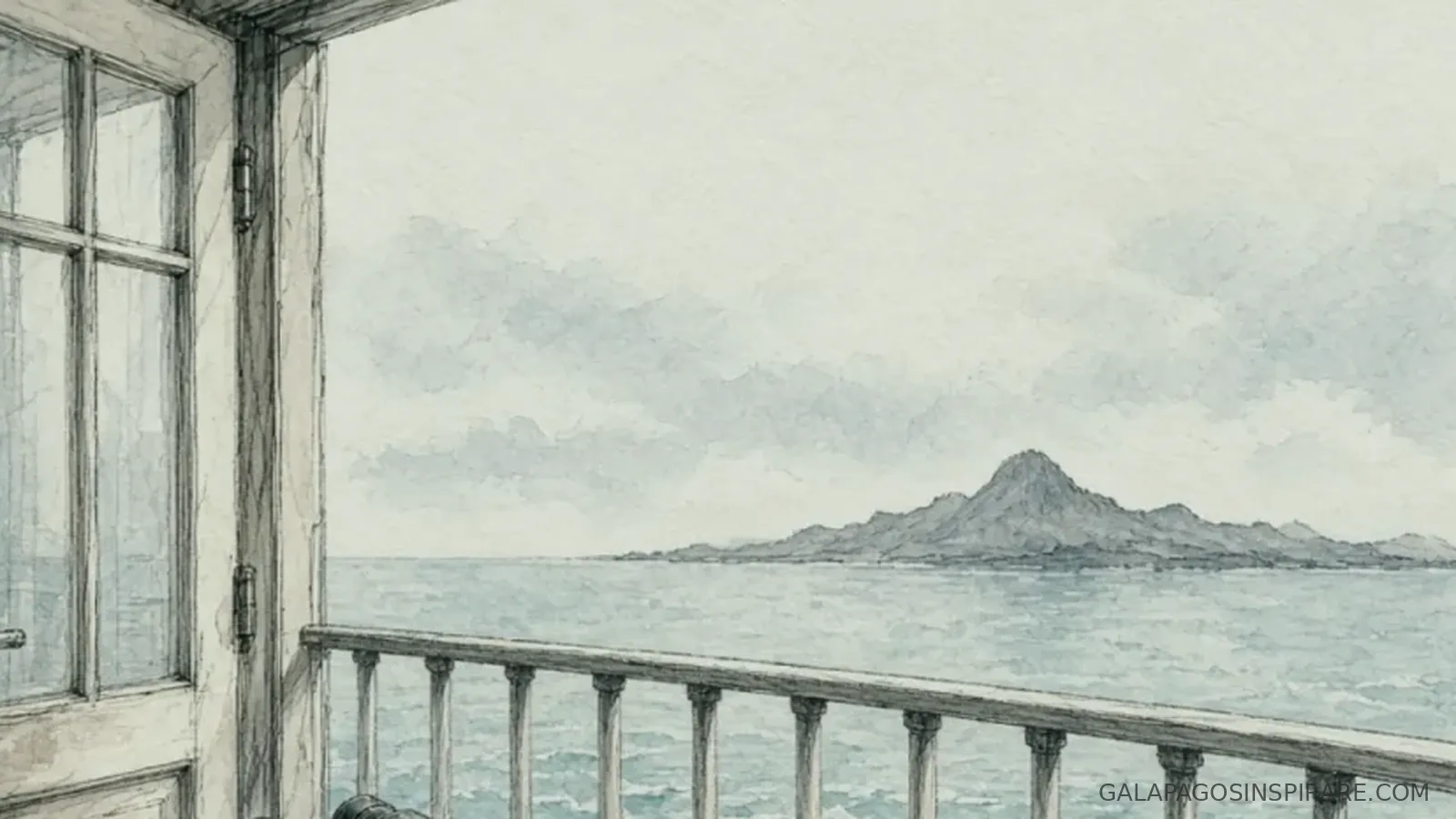 Naturalist sketch of monserrat galapagos deck watch at muted turquoise dusk