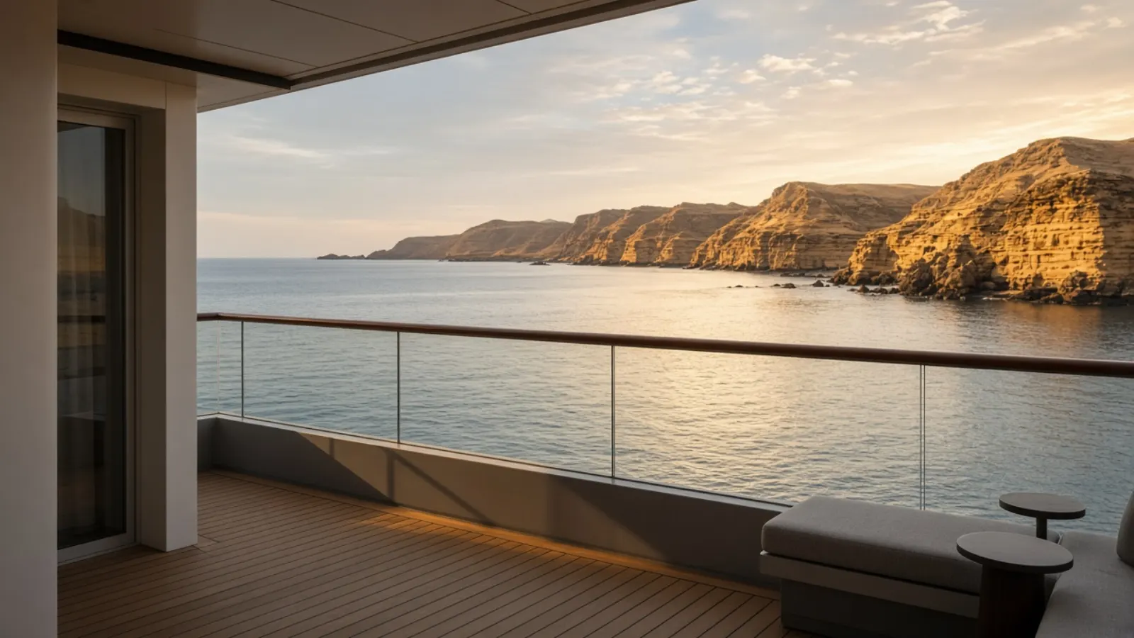 Ocean Spray Galapagos catamaran balcony view ocean spray galapagos luxury catamaran balcony overlooking turquoise water near volcanic islands