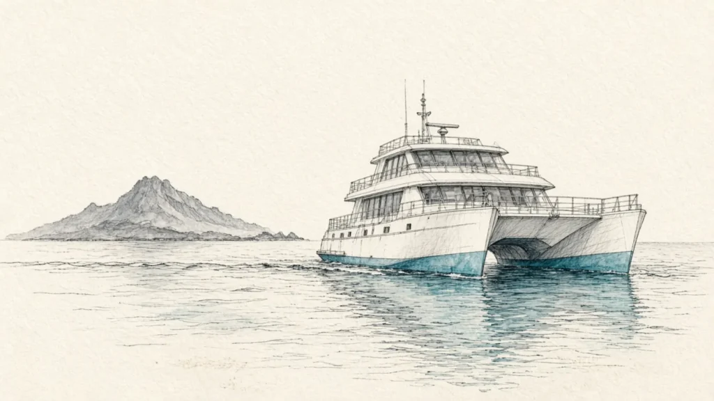 Hand-drawn naturalist sketch of Ocean Spray Galapagos luxury catamaran on ivory paper with soft turquoise wash
