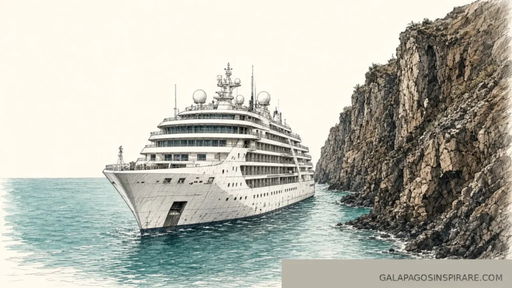 Naturalist sketch of Origin Silversea Galapagos expedition ship beside a volcanic cliff