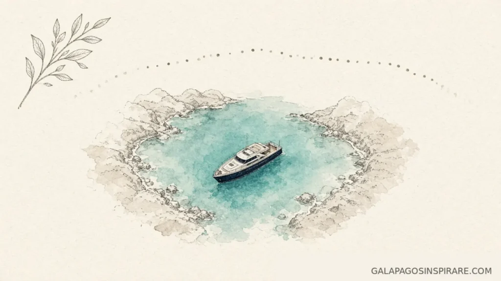 Naturalist journal sketch of Origin Theory Evolve Galapagos yacht in a turquoise cove