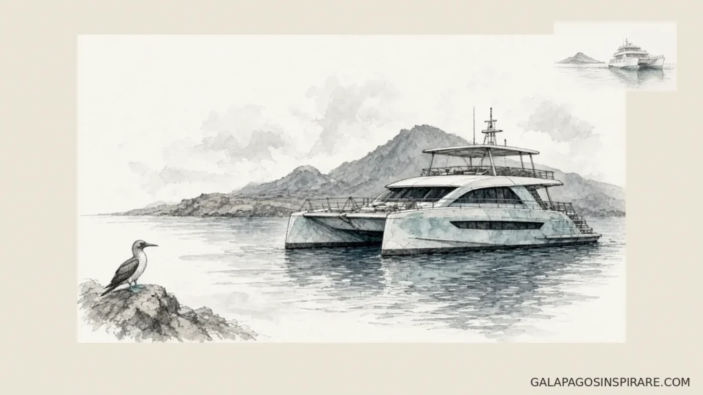 Hand-drawn naturalist sketch of Sirius Galapagos catamaran with wildlife accent on ivory paper