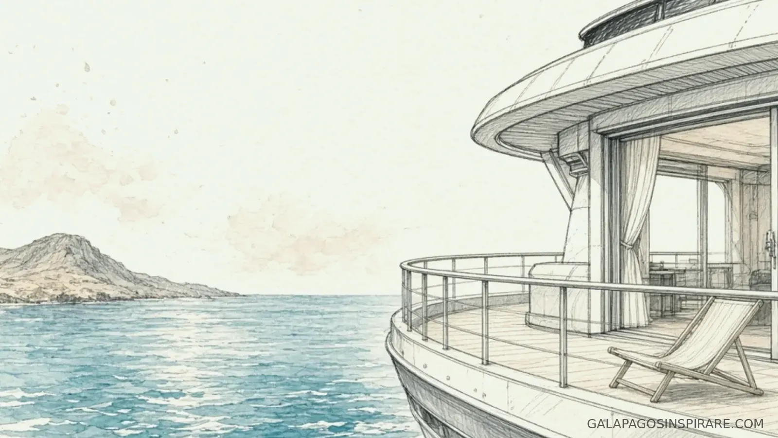 Naturalist sketch of tip top ii galapagos catamaran deck balcony looking toward volcanic islands