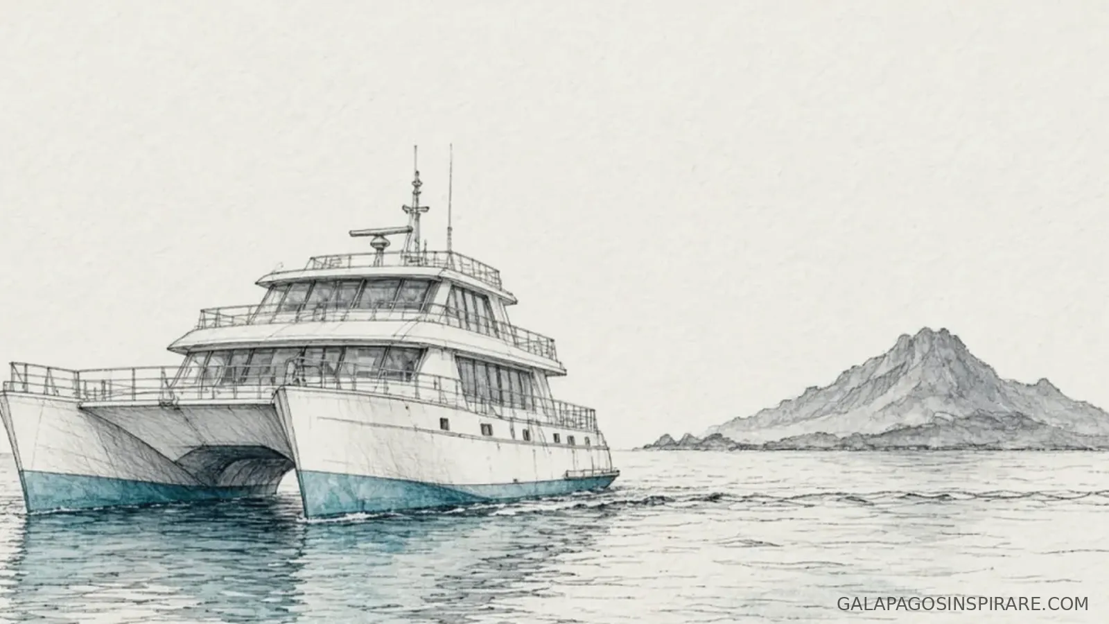 Naturalist sketch of tip top iv galapagos yacht approaching volcanic islands at dusk