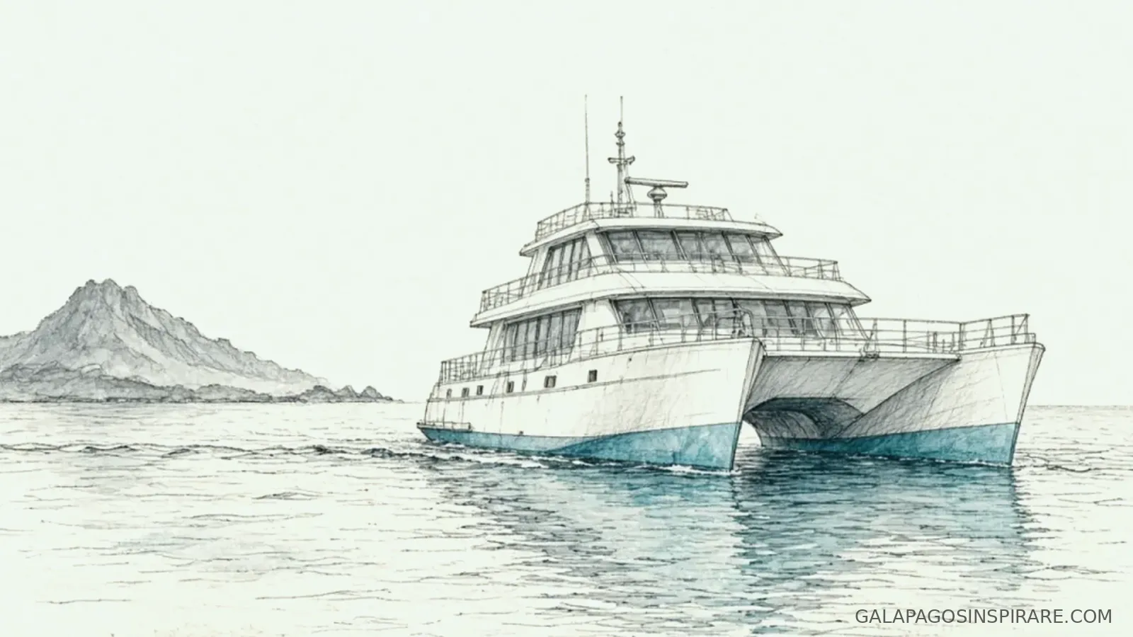 Naturalist sketch of tip top v galapagos catamaran approaching volcanic islands at midday