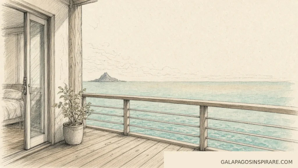 Naturalist sketch from a Treasure of Galapagos private balcony overlooking turquoise Galápagos water
