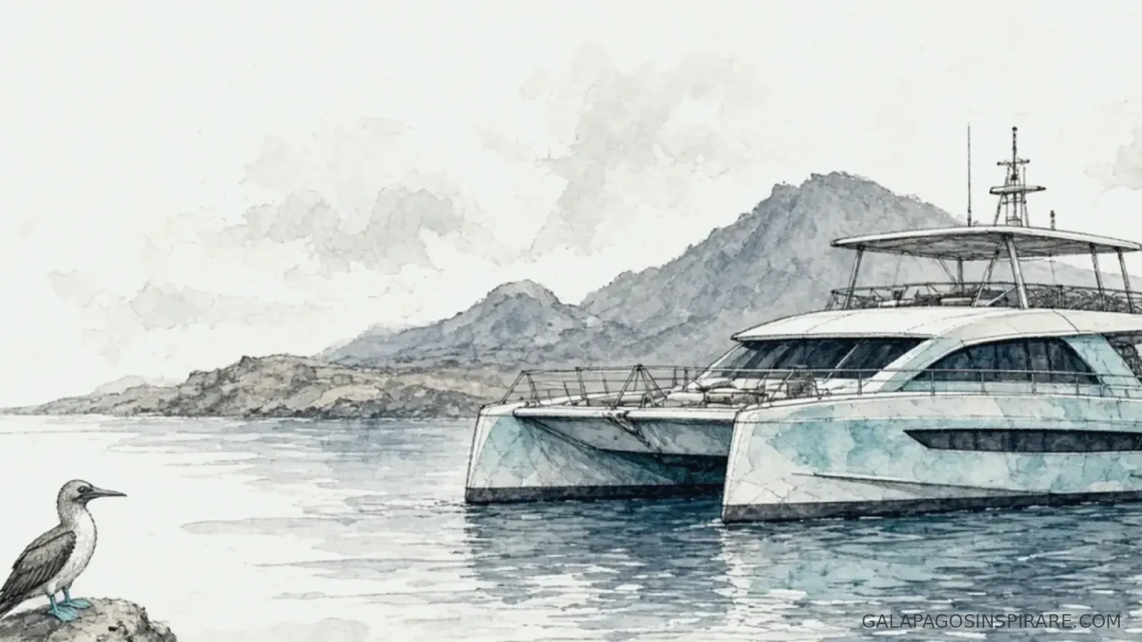 Naturalist sketch of tribute galapagos yacht wildlife scene with seabird late morning
