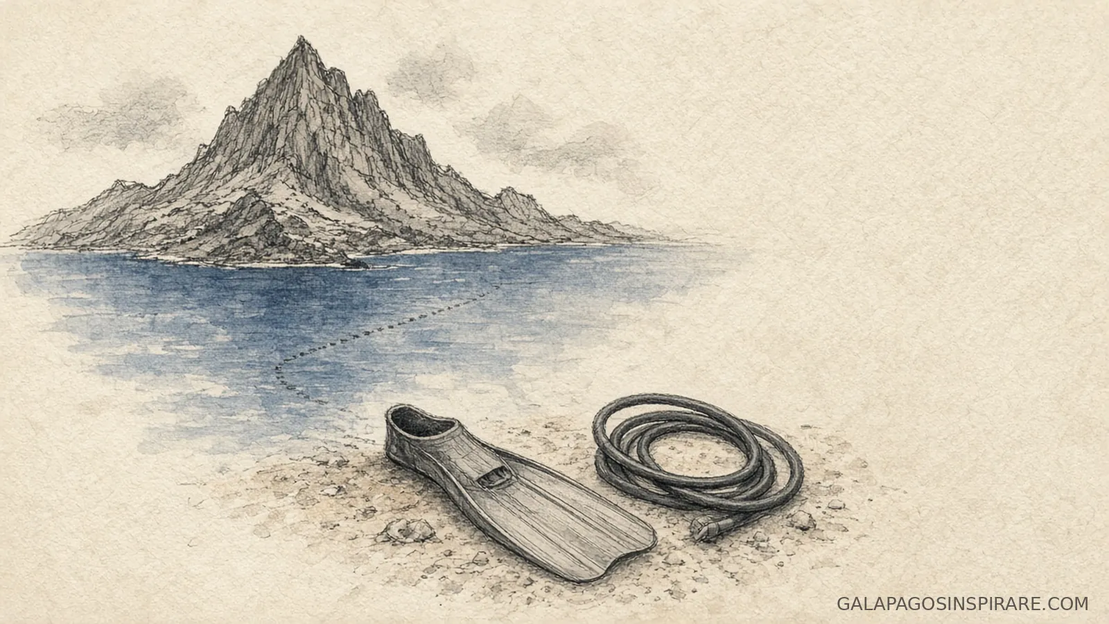 Naturalist sketch for galapagos scuba diving cruise fin and volcano
