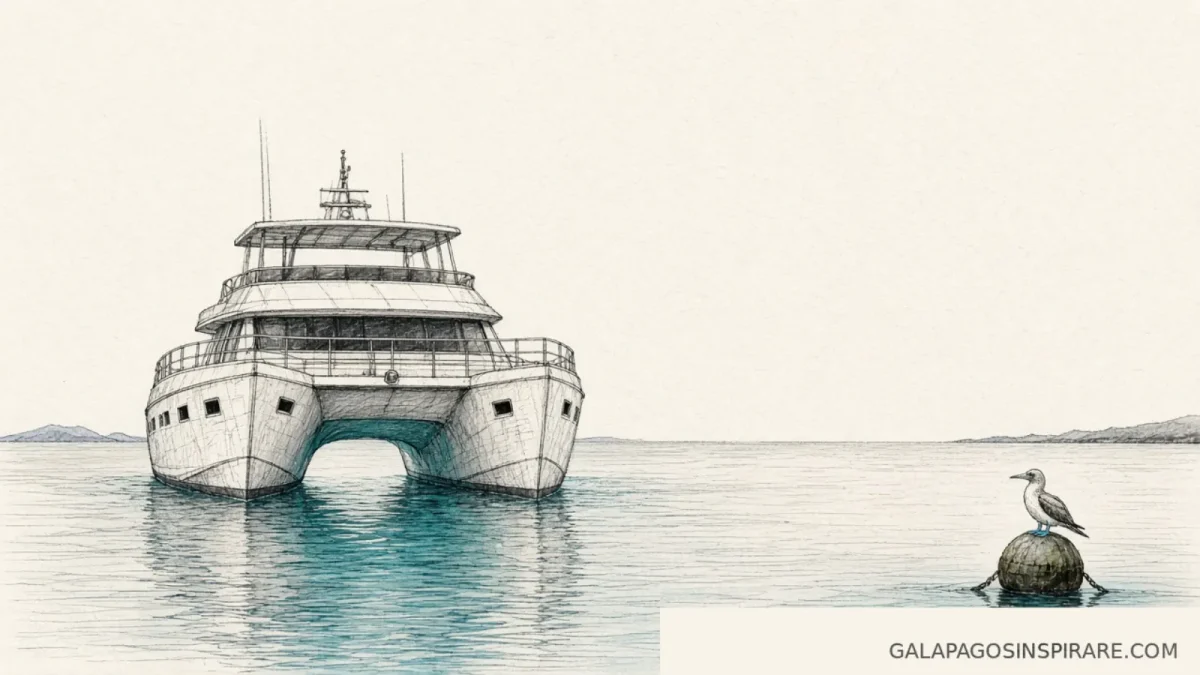 Naturalist sketch of Archipel Galapagos catamaran twin bows with blue-footed booby on a buoy