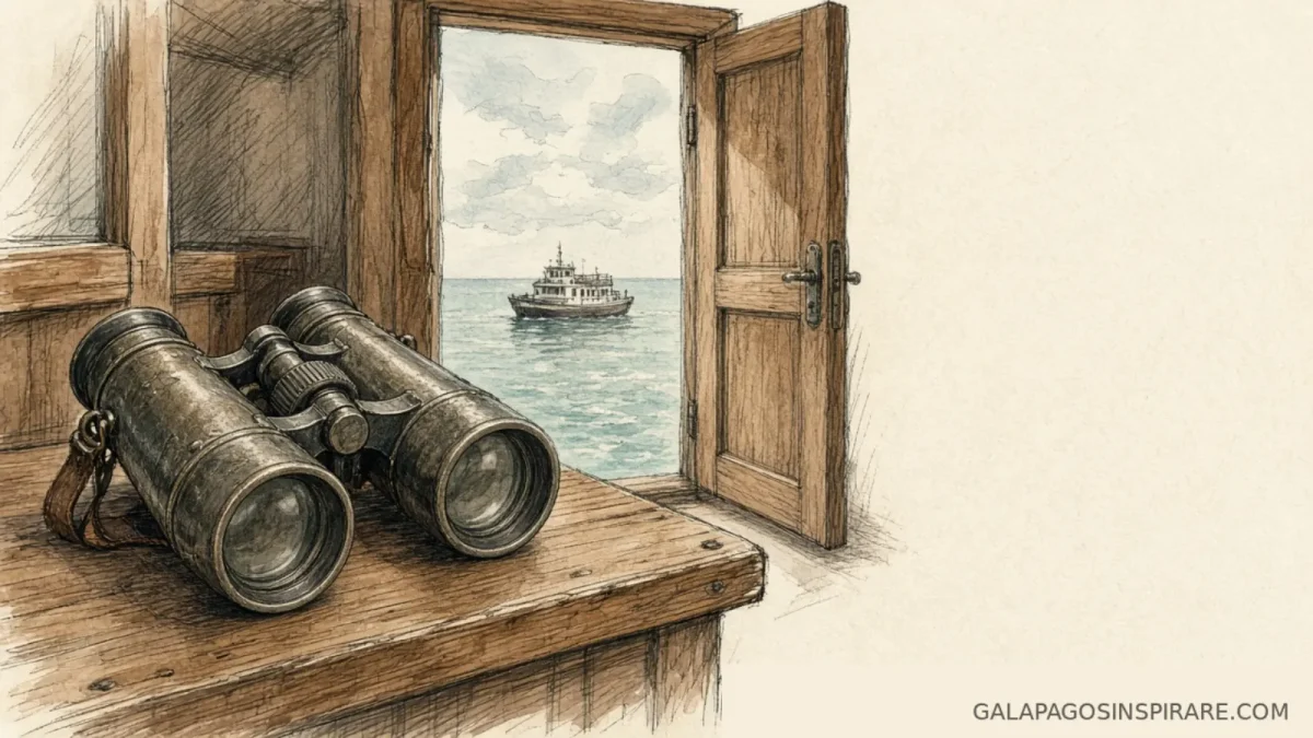 Naturalist sketch of binoculars looking out to Coral II Galapagos small ship on the horizon