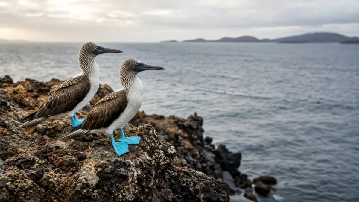 Two blue-footed boobies with bright blue feet perched on dark volcanic rock overlooking the Galápagos ocean