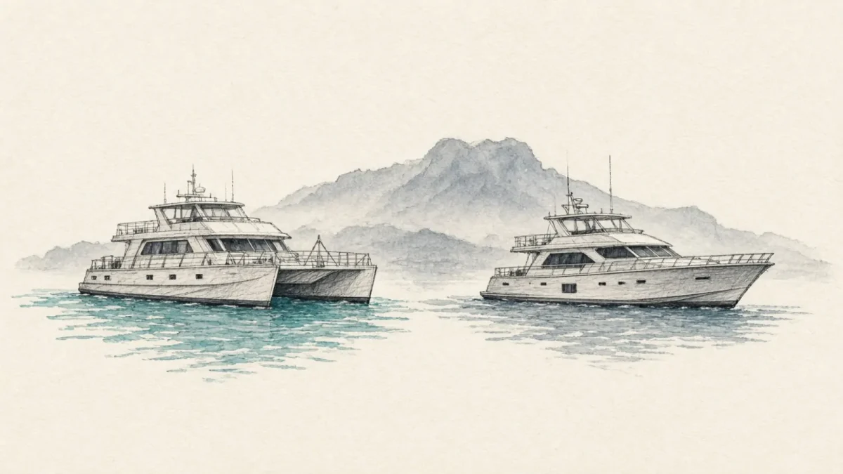Hand-drawn naturalist sketch comparing a Galapagos catamaran vs yacht on warm ivory paper