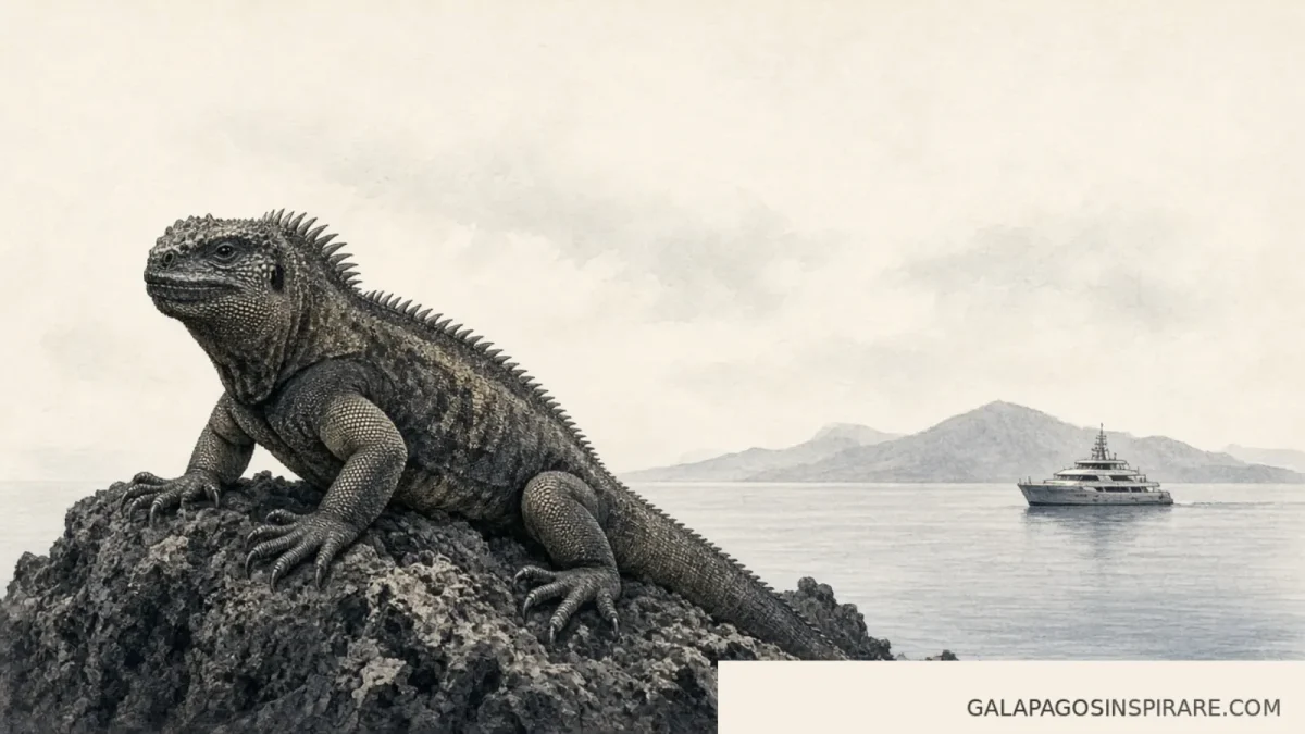 Naturalist sketch of a marine iguana with Galapagos Explorer Yacht small on the horizon