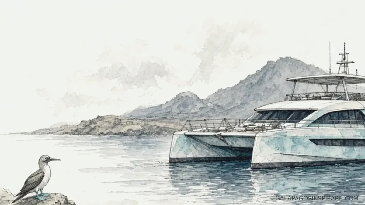 galapagos first class vs luxury catamaran and wildlife naturalist sketch soft gray-blue morning