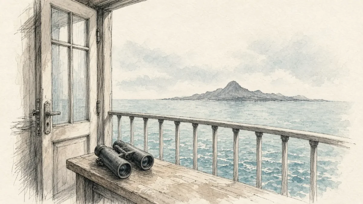 Hand-drawn naturalist sketch of a Galapagos yacht balcony cabin view with binoculars on ivory paper