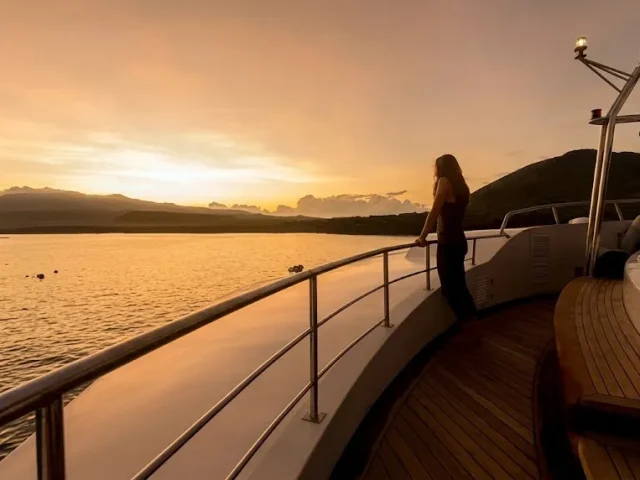 Woman standing at the railing of a yacht watching a sunset over calm water